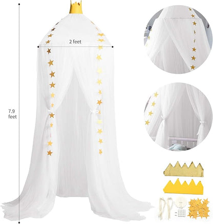 Jolitac Princess Bed Canopy for Girls Room Decor Round Lace Mosquito Net Play Tent Reading Nook Canopies Yarn Girl Dome Netting Castle (White)