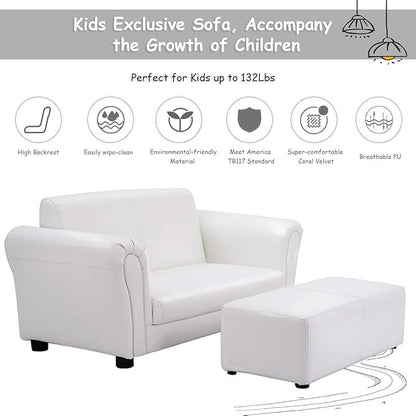 Costzon Kids Couch with Footstool, 2 in 1 Double Seat Children's Sofa w/PU Leather Surface, Armrest Chair Lounge, Soft Kids Sofa for Preschool Bedroom Kids Room Toddlers Boys Girls Birthday (White)