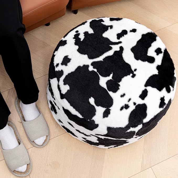 Asuprui Pouf Ottoman Unstuffed, Faux Rabbit Fur Cover, No Filler, 18" Round, Black and White