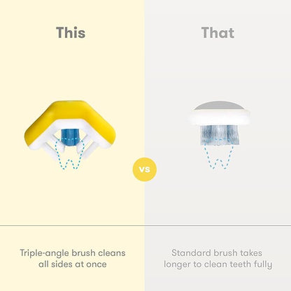 Frida Baby Triple-Angle Toothhugger Training Toddler Toothbrush | Toddler Toothbrush 2 Years and Up, Cleans All Sides at Once | 2 Pack (Yellow + Blue)