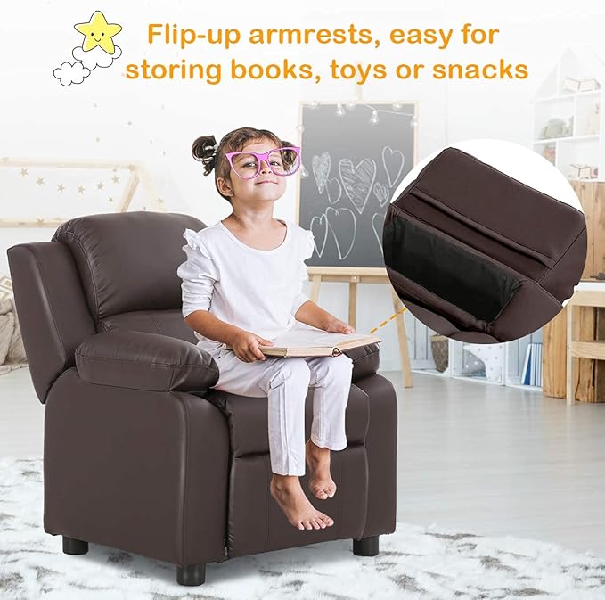 Costzon Kids Recliner, Leather Recliner Chair w/Footrest, Armrest Storage, Headrest & Lumbar Support, Ergonomic Lounge Chair for Living & Gaming Room, Adjustable Recliner Sofa for Boys Girls (Brown)