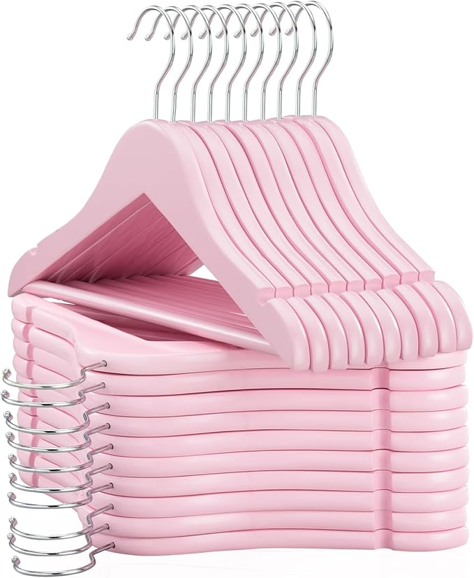 FairyHaus Kids Wooden Hangers 20Pack Pink, 12.8 Inch Baby Wooden Hangers for Closet, Anti-Rust 360° Swivel Hook, Notches & Smooth Finish, Natural Solid Wood Childrens Hangers for Clothes