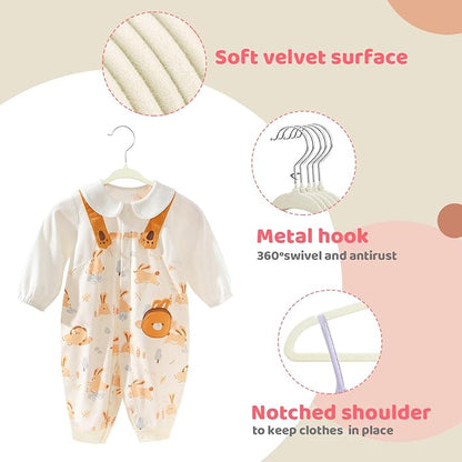 ManGotree 10.95" Baby Velvet Hangers, Non-Slip Infant Coat Hangers, Ultra-Thin Toddler Felt Hangers with 360° Swivel Hook, Space Saving Children's Hangers for Kids Clothes, 48 Pack (Beige)