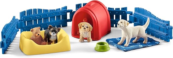 Schleich Farm World 13-Piece Puppy Pen Playset - Featuring 3 Cute Puppy Figurines and Accessories, Educational and Durable Toys, Fun and Imaginative Play for Boys and Girls, Gift for Kids Ages 3+