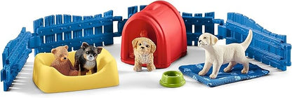 Schleich Farm World 13-Piece Puppy Pen Playset - Featuring 3 Cute Puppy Figurines and Accessories, Educational and Durable Toys, Fun and Imaginative Play for Boys and Girls, Gift for Kids Ages 3+