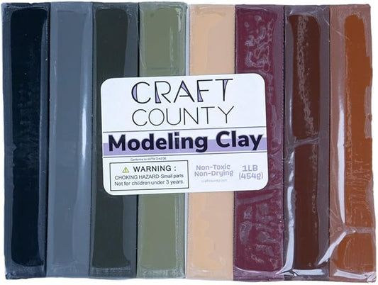 Craft County Modeling Clay – 1 lb (Eight Assorted Color Bars) – Use for Claymation, Models, and Stop Motion (Neutrals)