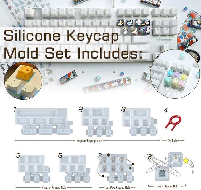 Keycaps Epoxy Resin Casting Molds Set for Mechanical Gaming Keyboard Polymer Clay Crafts 7 Silicone Trays with Key Puller
