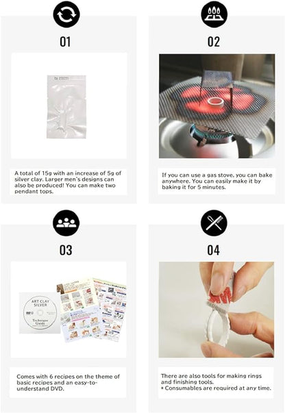 Clay Art Art Silver Starter Set Silver 10g with Recipe, DVD, Tools, Silver 5g Increase Japan Import with Kanji Love Sticker, 8.81 x 8.18 x 2.55 in