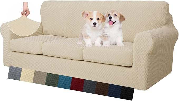 MAXIJIN 4 Piece Jacquard Extra Large Couch Covers for 3 Cushion Couch Super Stretch Non Slip Couch Cover for Dogs Pet Friendly Sofa Slipcover Furniture Protector (Oversized Sofa, Light Beige)