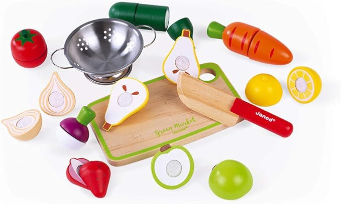Janod Fruits & Vegetable Maxi Set - Wooden Sliceable Play Food - 13 Piece Set - Ages 3+ - J06607