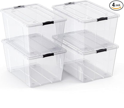 Lifetime Appliance Parts 4 PACK 75 Qt. Plastic Storage Bin Tote Organizing Container with Ultra Durable Lid & Secure Latching Buckles Stackable Extra Strength Clear w/Black Handle