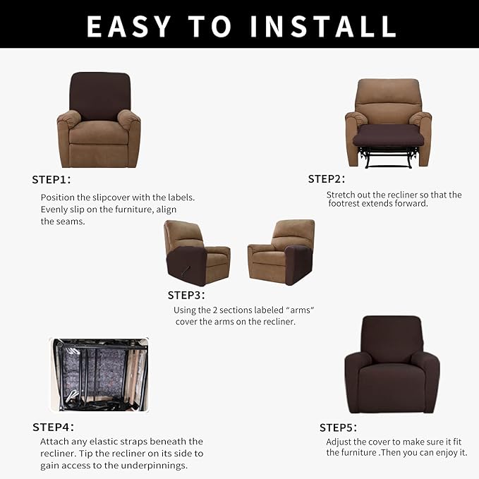 Easy-Going 100% Dual Waterproof Recliner Cover Stretch Soft Couch Cover for Dogs, Sofa Slipcover for Recliner Couch Leakproof Furniture Protector for Kids, Pets Chocolate