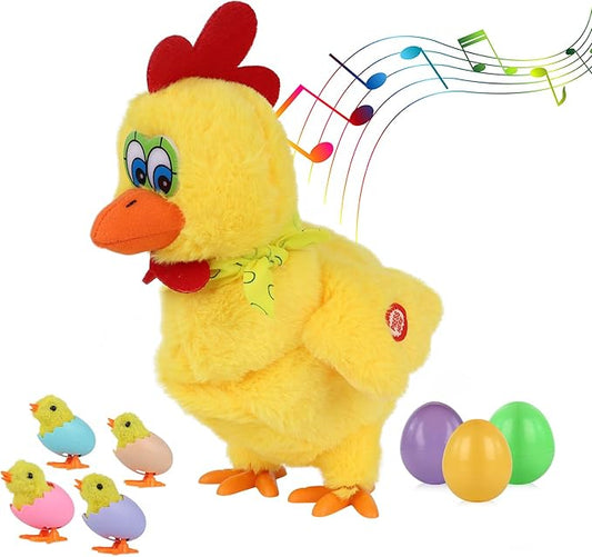 Plush Electric Stuffed Laying Egg Chicken Toy Doll with Sound Music Easter for Boys Girls