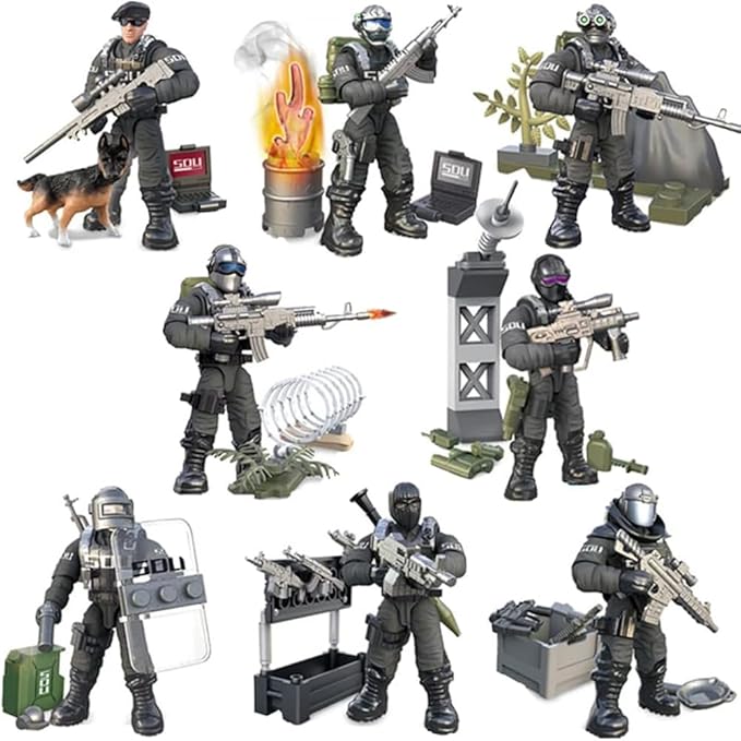 8 PCS Building Block City Policeman Action Mini-Figures with Multiple Military Weapons Accessories SWAT Model Equipment Assembly Building Toys Party Favors Gift for Boys