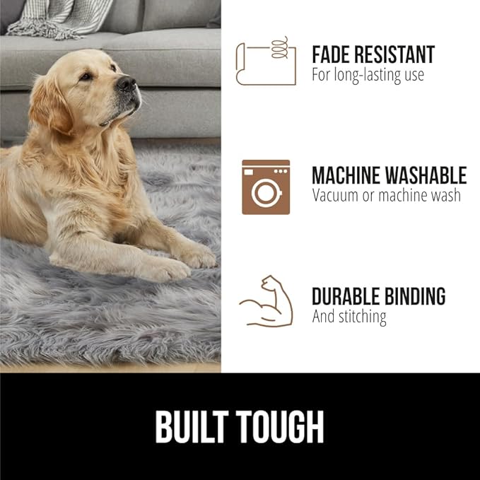 Gorilla Grip Fluffy Faux Fur Sheep Rug, Machine Washable Soft Furry Area Rugs, Rubber Backing, Plush Floor Carpets for Baby Nursery, Bedroom, Living Room Shag Carpet, Luxury Home Decor, 3x5, Gray