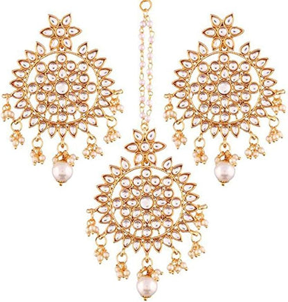 Aheli Ethnic Faux Kundan Drop Pearl Beads Dangle Earrings Maang Tikka Set Bollyood Fashion Jewelry for Women & Girls
