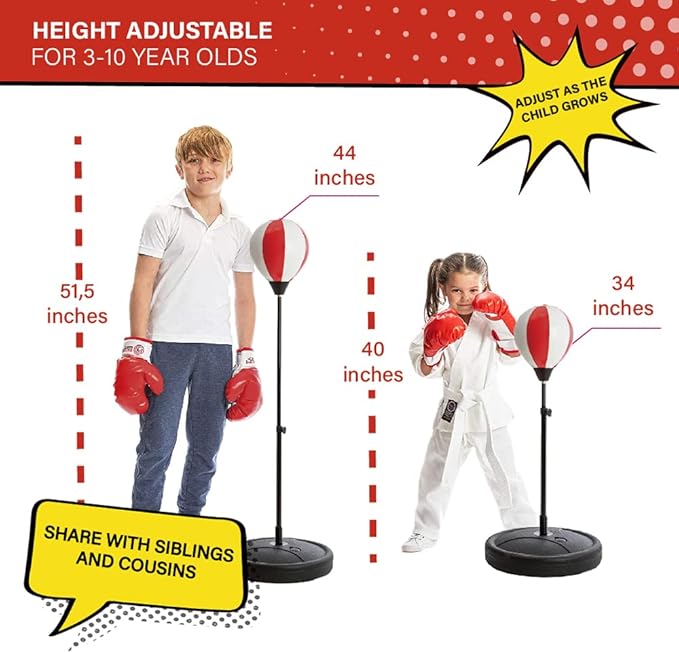 Whoobli Punching Bag for Kids Incl Boxing Gloves | 3-10 Years Old Adjustable Kids Punching Bag with Stand | Boxing Bag Set Toy for Boys & Girls (Red White); New 2025