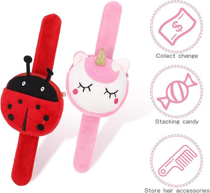 Abaodam 2Pcs Animal Slap Bracelet Coin Purse Ladybug Unicorn Slap Bracelet Plush Stuffed Animal Hugger Snap Wristband Wallet for Kids Birthday Party Plush Slap Bracelet