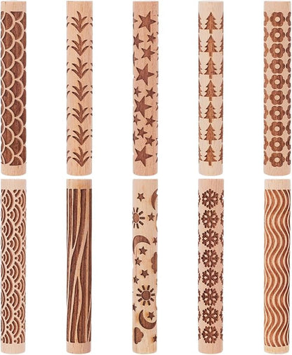 UNICRAFTALE 10Pcs Wooden Clay Texture Rollers Set for Pottery 10 Styles Ceramics Potters Stamp Roller Tools 102mm Textured Rolling Pins Modeling Pattern Rollers Kit for DIY Handmade Art Supplies