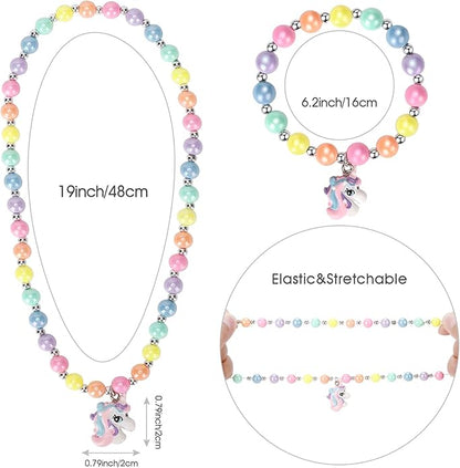 3 Sets Girl Princess Necklace Bracelet Ring Kids Stretchy Jewelry Gift Unicorn Butterfly Necklace Bracelets Rings Party Favors Dress up Jewelry for Little Girl Toddler(with Gift Box)