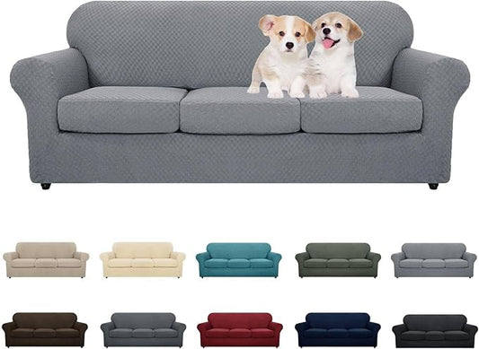 MAXIJIN 4 Piece Couch Covers for 3 Cushion Couch Super Stretch Non Slip Couch Cover for Dogs Pet Friendly Elastic Jacquard Furniture Protector Sofa Slipcovers (Sofa, Light Gray)