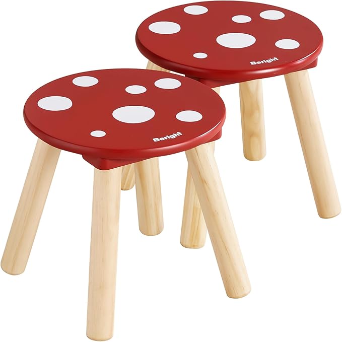 Beright Wooden Step Stool for Kids, Children's Stool Perfect Matched Sensory Table, 9 Inch Sturdy Sitting Stool with Assembled Four-Legged, Mushroom, 2 Pack