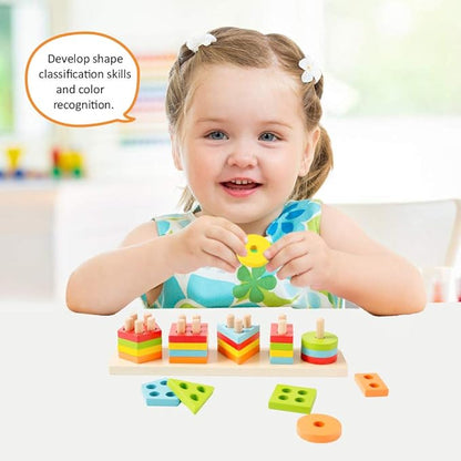 WOOD CITY Wooden Sorting & Stacking Toy, Shape Sorter Toys for Toddlers, Montessori Color Recognition Stacker, Early Educational Block Puzzles for Kids 1 2 3 Years Old Boys and Girls (5 Shapes)