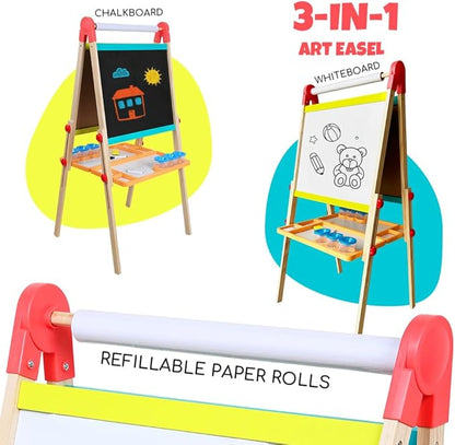 Beipoo All-in-One Art Easel for Kids, Double Sided Wooden Kids Easel, Art Easel for Painting, Toddler Art Easel, Kids Easel with Paper roll Art Easel for Kids Ages 2-4 4-8 8-12