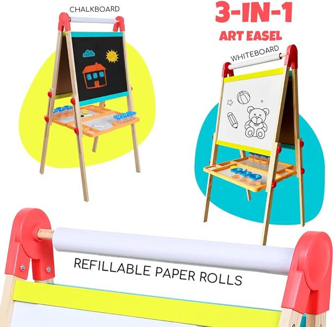 Beipoo All-in-One Art Easel for Kids, Double Sided Wooden Kids Easel, Art Easel for Painting, Toddler Art Easel, Kids Easel with Paper roll Art Easel for Kids Ages 2-4 4-8 8-12
