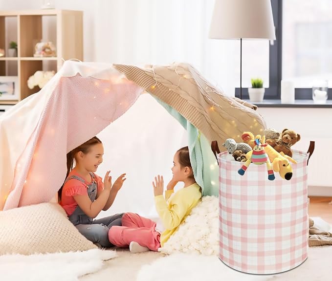 CLOCOR Kids Laundry Basket,Waterproof Baby Boys Nursery Hamper,Collapsible Fabric Storage Container,Toys Bin,Room Decor,Gift Basket（Pink Grid