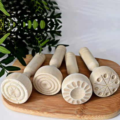 OwnMy Wooden Clay Stamp Set, Wood Playdough Handle Stamps, Wooden Handle Pottery Tools, Set of 4 Clay Modeling Pattern Kit