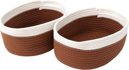 JMvicyroam Woven Basket,Small Rope Storage Bin with Handles & Ribbon Bag, Organizer for Shelves Closets,Gift Basket Empty for Birthday,Books,Dog Toys, White&Brown/2 Pack