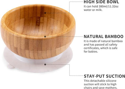 Baby Bamboo Bowls with Suction and Matching Spoon Set, 3 Piece Feeding Supplies Set for Infant, Toddlers, Detachable Silicone Suction Stay Put Base for Wooden Bowl, Plate