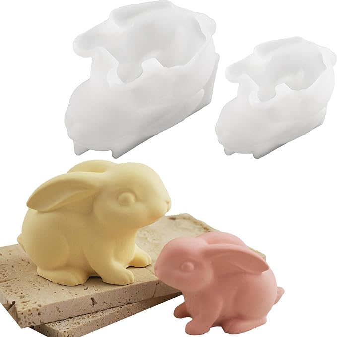 2Pcs Easter Rabbit Epoxy Resin Casting Silicone Molds 3D Cute Bunny Candle Molds for DIY Home Decoration Soap Making Candlestick Plaster Cement Concrete Art Craft Projects Party Favors