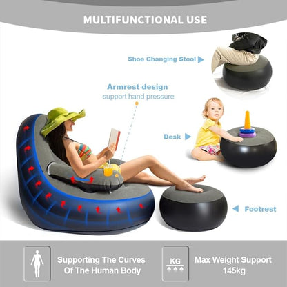 Set of 3 Inflatable Armrest Lounge Chair with Ottoman,Hand Pump,Eye Mask,Earplugs-Portable Blow Up Sofa, Air Chaise Lounge, Ideal Lazy Couch Set for Family Movie Night,Gaming,Party,Camping,Garden……