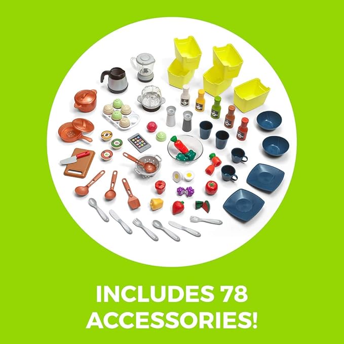 Step2 Elegant Edge Kids Kitchen Playset, Indoor/Outdoor Kitchenette, Interactive Play with Lights and Sounds, Made of Durable Plastic, Includes 78 Piece Toy Accessories, For Toddlers 3+ Years Old