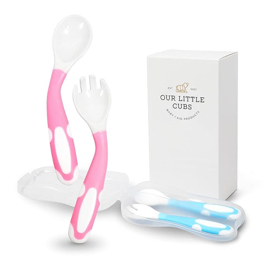 Bendable Baby and Toddler forks and spoons Utensils Silverware Set for Kids, 2 Sets Blue/Pink – Gum Friendly 2 Toddler Spoons and 2 Forks Self Feeding and Infant Baby Training and toddler silverware