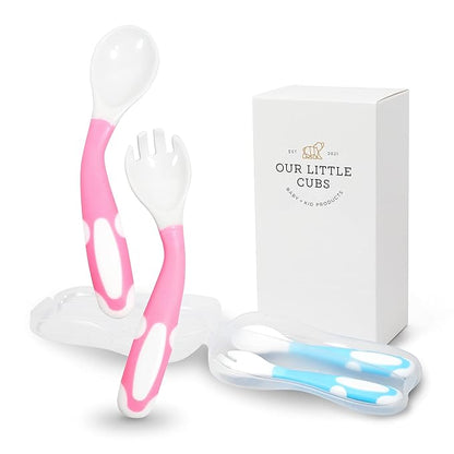 Bendable Baby and Toddler forks and spoons Utensils Silverware Set for Kids, 2 Sets Blue/Pink – Gum Friendly 2 Toddler Spoons and 2 Forks Self Feeding and Infant Baby Training and toddler silverware