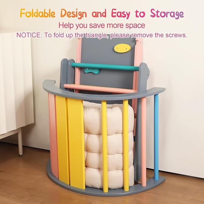 Pikler Triangle Set with Cushion, 7 in 1 Toddler Climbing Toys Indoor, Montessori Foldable Climbing Set, Wooden Climbing Toys for Toddlers 1-3 Inside with Ramp, Arch and Ladder (Rainbow with Blue)