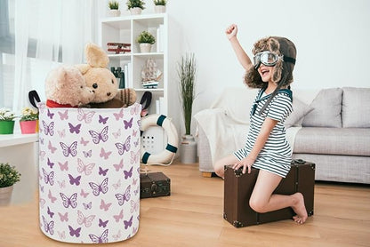 ESSME Butterfly Laundry Basket,Kids Hamper Collapsible Canvas Waterproof Storage Bin for Girls, Nursery Hamper,Gift Baskets,toy bins(Purple Butterfly)