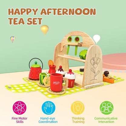 Wooden Tea Party Set for Toddler - Wooden Tea Set Pretend Role Play Kitchen Toy with Carrying Case, 3-5 Year Old Kids Girls Boys Birthday