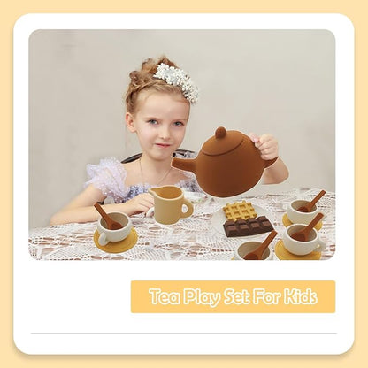 Silicone Tea Party Set, Toy Tea Set for Girls Kids ToddlersTea Set with Tea Pot Cups Food(Chocolate and Waffles), Pretend Play Kitchen Accessories(Brown)