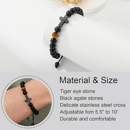 P. BLAKE First Communion Confirmation Baptism Gifts for Boys Teens, American Flag Cross Natural Beads Bracelet Christian Religious Jewelry Gifts for Teen Boys Kids