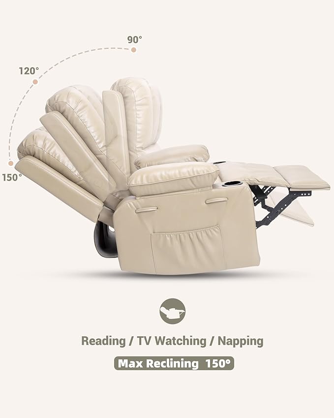27'' Leather Recliner Chair Oversized, Overstuffed Manual Recliner Chair, Single Sofa for Adults, with Cup Holder and Side Pockets, for Living Rooms, Max Weight 400 lbs, Creamy