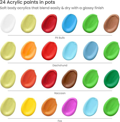 ARTEZA Kids Animals Painting Kit, 4 Canvases 8 x 8 Inches, 24 Acrylic Paints, 4 Paint Brushes, 4 Palettes, Kids Activities Ages 6 and Up