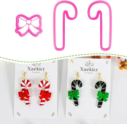 Xaekicr Christmas Candy Cane Polymer Clay Cutters – 3pcs Holiday Clay Earring Cutters Set for DIY Jewelry Making, Cute Bow and Candy Shapes, Clay Tools and Polymer Clay Molds