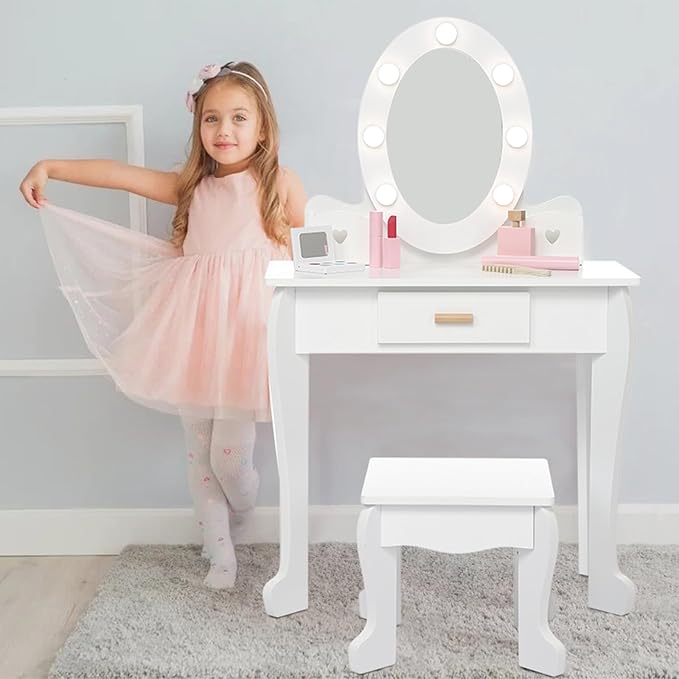 Kids' Vanity Set with Mirror and Light, Makeup Table and Stool for Girls, Vanity Table and Chair Set with Wood Makeup Playset for 4-9 Girls, White （Batteries Not Included）