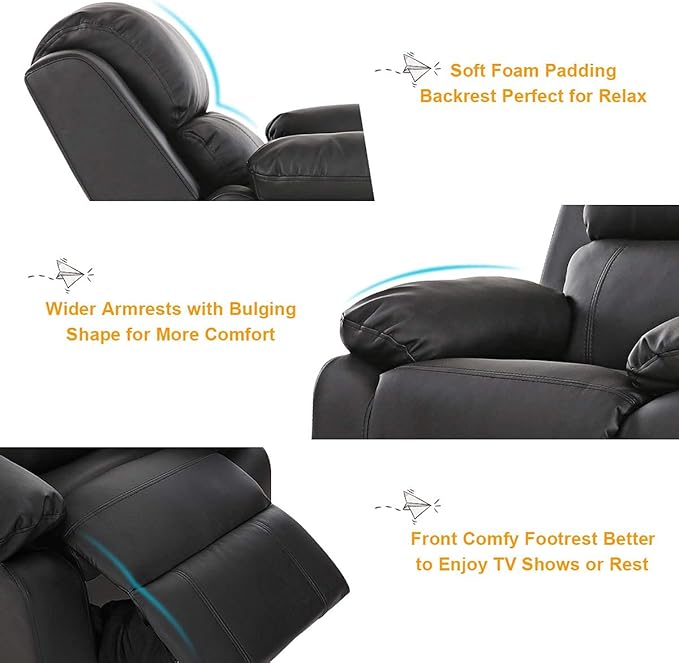 Costzon Kids Recliner, Leather Recliner Chair w/Footrest, Armrest Storage, Headrest & Lumbar Support, Ergonomic Lounge Chair for Living & Gaming Room, Adjustable Recliner Sofa for Boys Girls (Black)