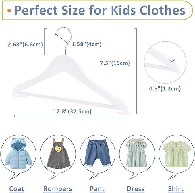 FairyHaus Kids Hangers 20 Pack 12.8 Inch, Solid Wooden Baby Hangers for Closet, Anti-Rust 360° Swivel Hook, Notches & Smooth Finish, Durable and Strong Childrens Hangers for Clothes White