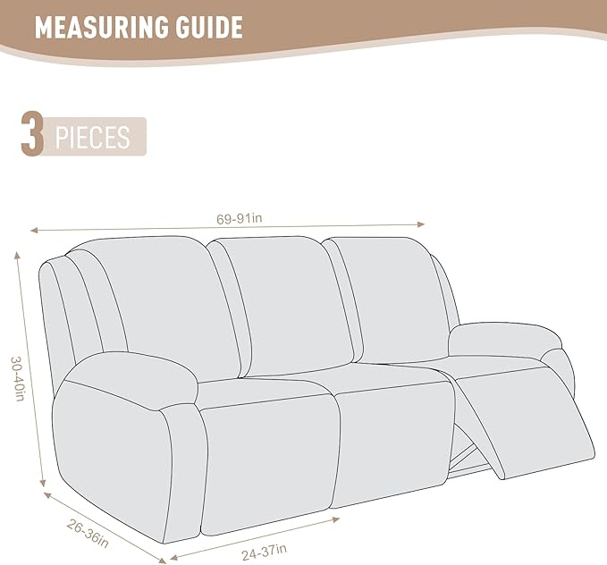 KinCam Recliner Covers, Stretch Reclining Chair Covers, Recliner Sofa Slipcovers Stripe Jacquard Recliner Couch Covers Furniture Protector Covers for Pet Kid (3 Seater, Cream)